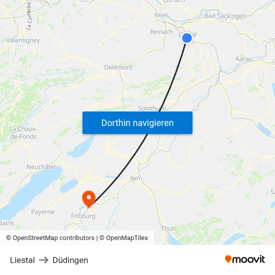 Liestal to Düdingen map