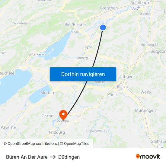 Büren An Der Aare to Düdingen map