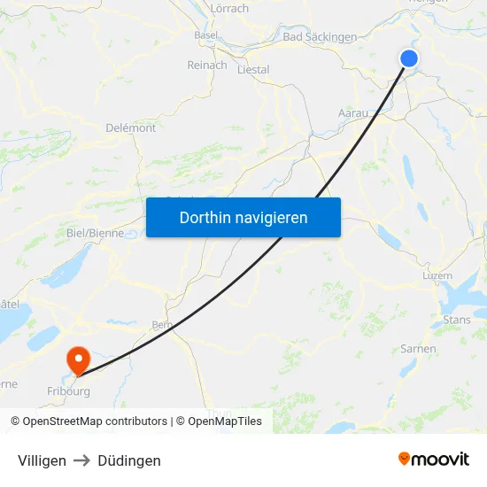 Villigen to Düdingen map