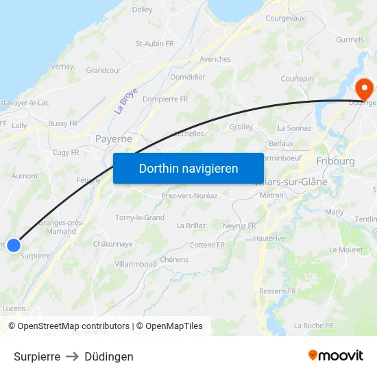 Surpierre to Düdingen map