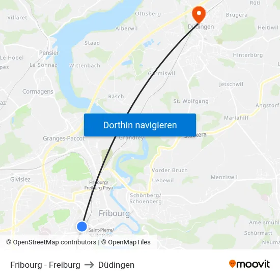 Fribourg - Freiburg to Düdingen map