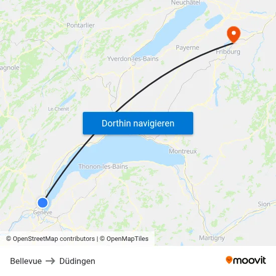 Bellevue to Düdingen map