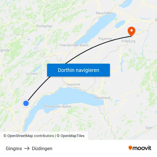 Gingins to Düdingen map