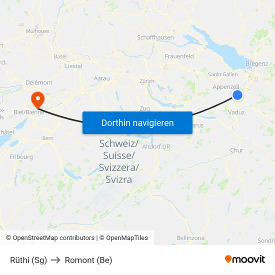 Rüthi (Sg) to Romont (Be) map