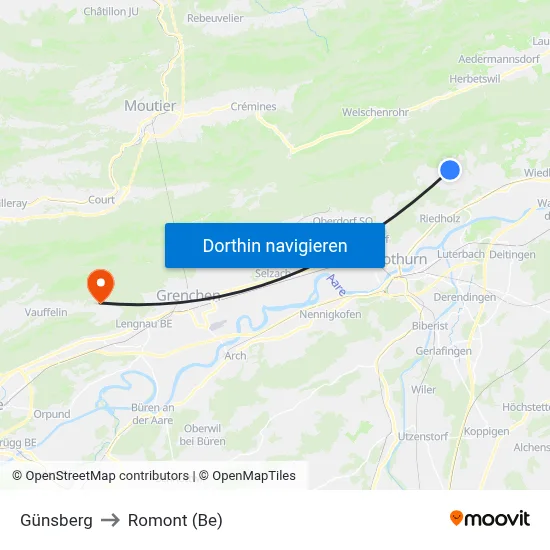 Günsberg to Romont (Be) map