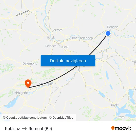 Koblenz to Romont (Be) map