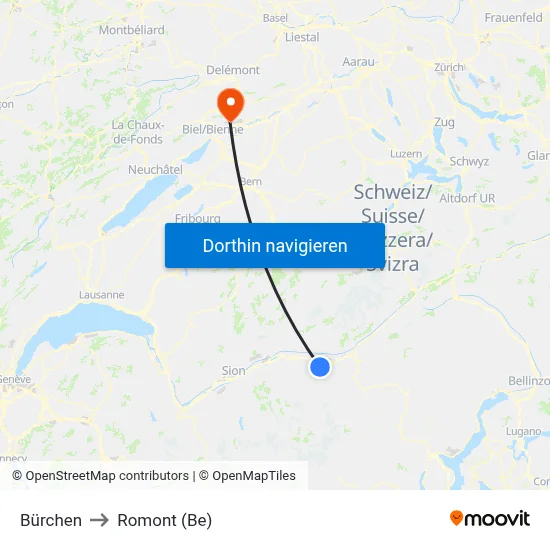 Bürchen to Romont (Be) map