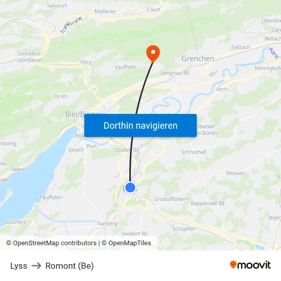 Lyss to Romont (Be) map