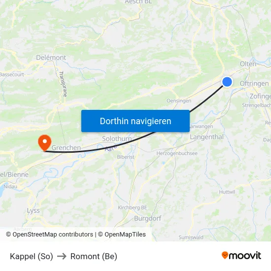 Kappel (So) to Romont (Be) map