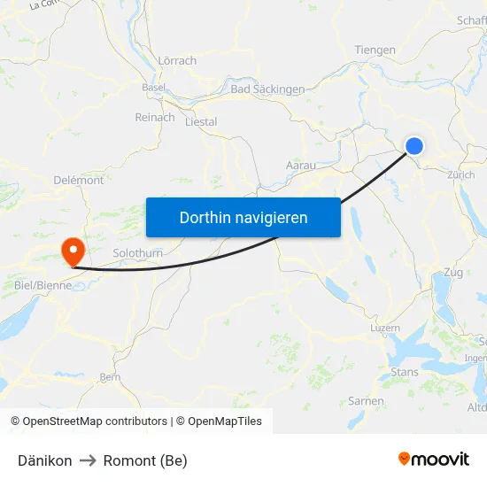 Dänikon to Romont (Be) map