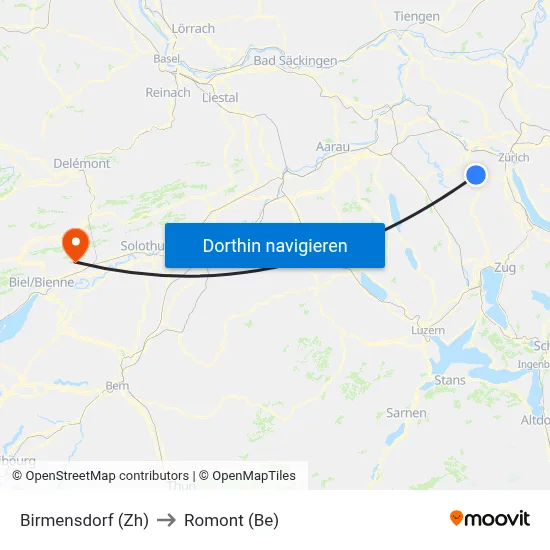 Birmensdorf (Zh) to Romont (Be) map