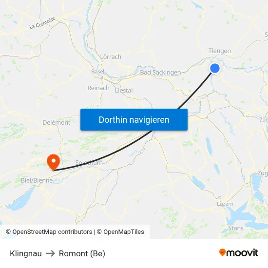 Klingnau to Romont (Be) map