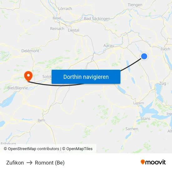 Zufikon to Romont (Be) map