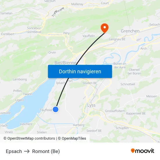 Epsach to Romont (Be) map