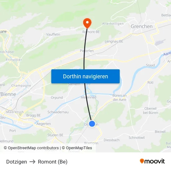 Dotzigen to Romont (Be) map