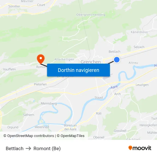 Bettlach to Romont (Be) map