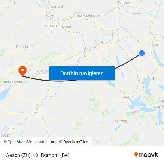 Aesch (Zh) to Romont (Be) map