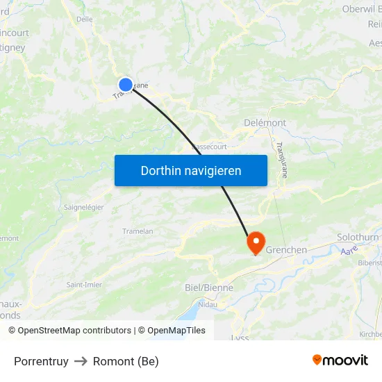 Porrentruy to Romont (Be) map