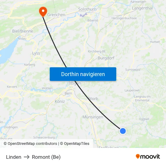 Linden to Romont (Be) map