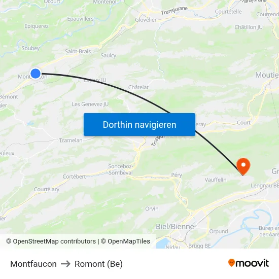 Montfaucon to Romont (Be) map