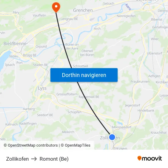 Zollikofen to Romont (Be) map