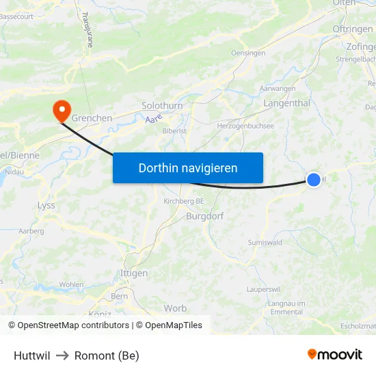 Huttwil to Romont (Be) map