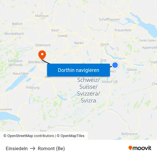 Einsiedeln to Romont (Be) map