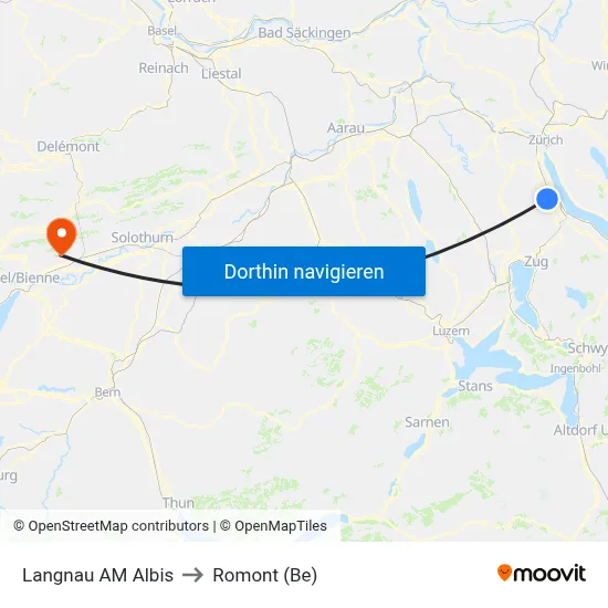 Langnau AM Albis to Romont (Be) map