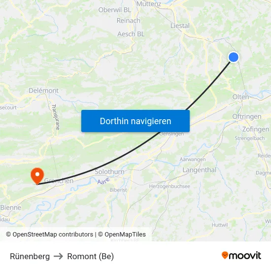 Rünenberg to Romont (Be) map