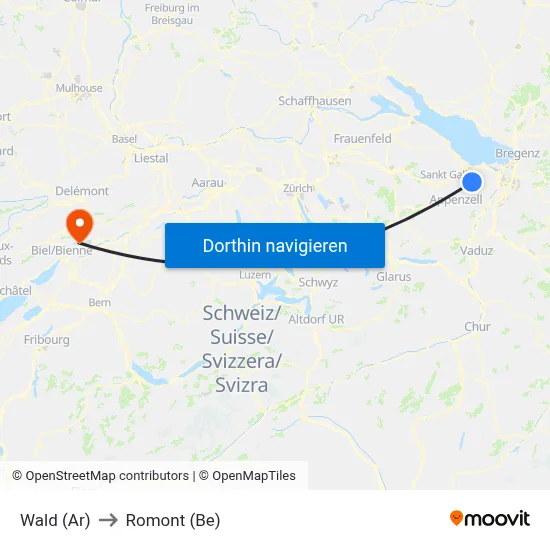 Wald (Ar) to Romont (Be) map