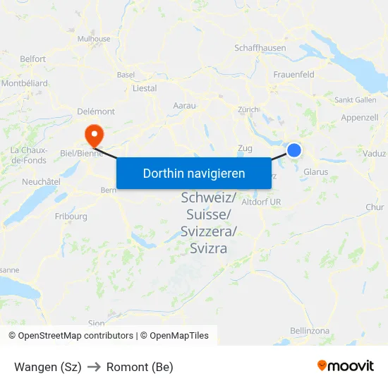 Wangen (Sz) to Romont (Be) map