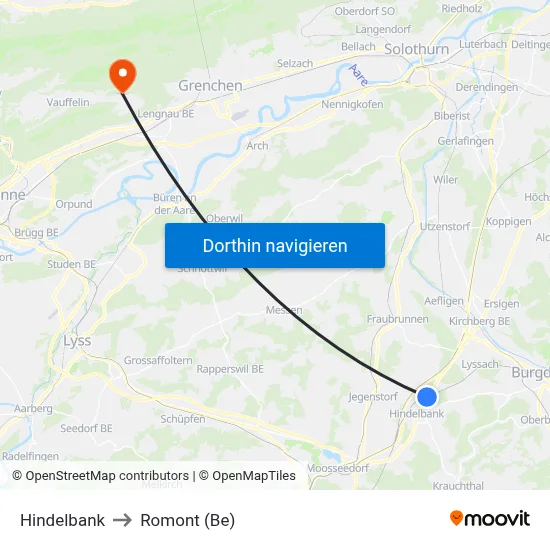 Hindelbank to Romont (Be) map