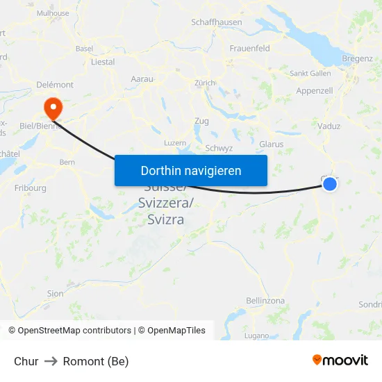 Chur to Romont (Be) map