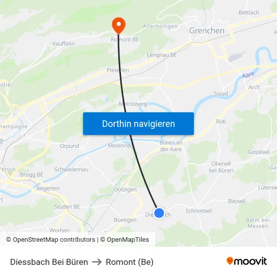 Diessbach Bei Büren to Romont (Be) map