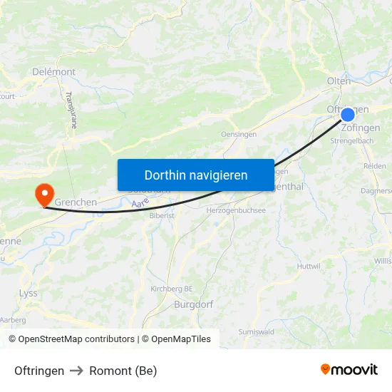 Oftringen to Romont (Be) map