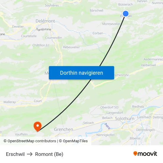 Erschwil to Romont (Be) map