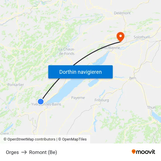 Orges to Romont (Be) map