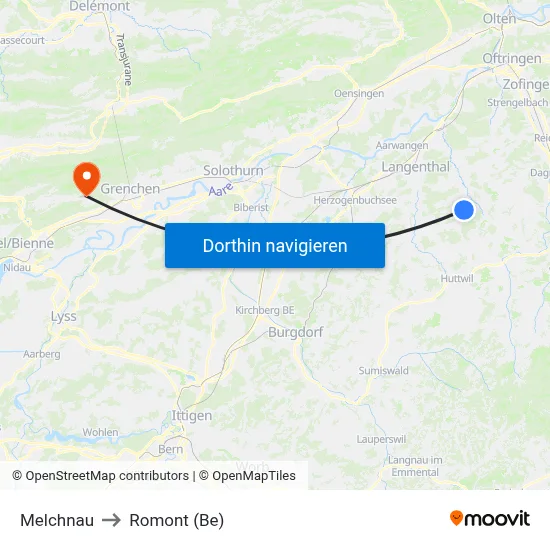 Melchnau to Romont (Be) map