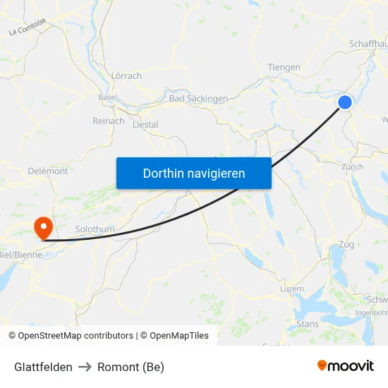 Glattfelden to Romont (Be) map