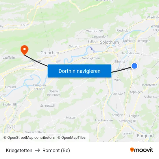 Kriegstetten to Romont (Be) map