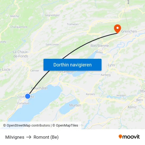 Milvignes to Romont (Be) map