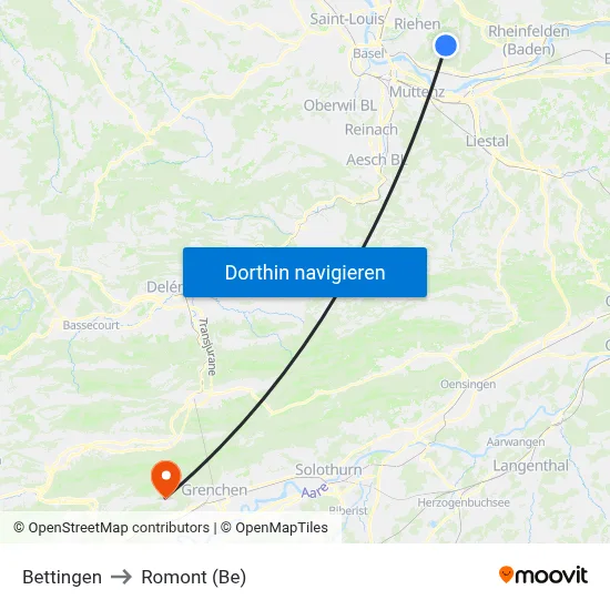 Bettingen to Romont (Be) map