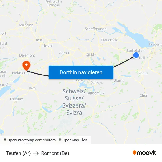 Teufen (Ar) to Romont (Be) map