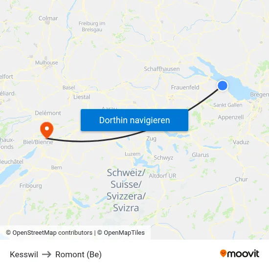 Kesswil to Romont (Be) map