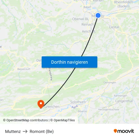 Muttenz to Romont (Be) map
