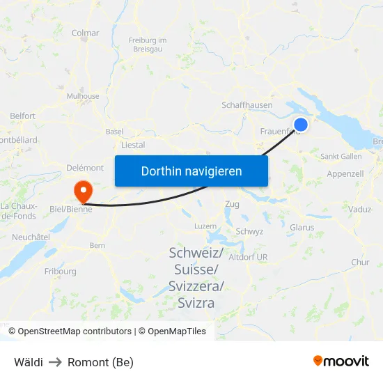 Wäldi to Romont (Be) map