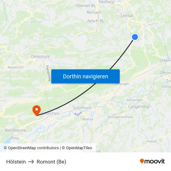 Hölstein to Romont (Be) map