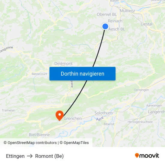 Ettingen to Romont (Be) map
