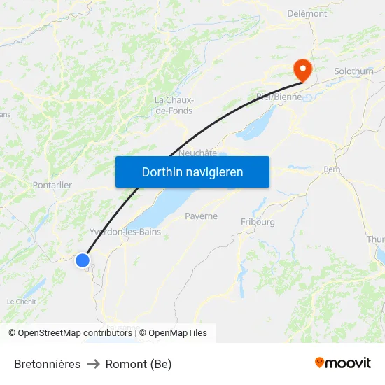 Bretonnières to Romont (Be) map