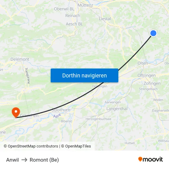 Anwil to Romont (Be) map